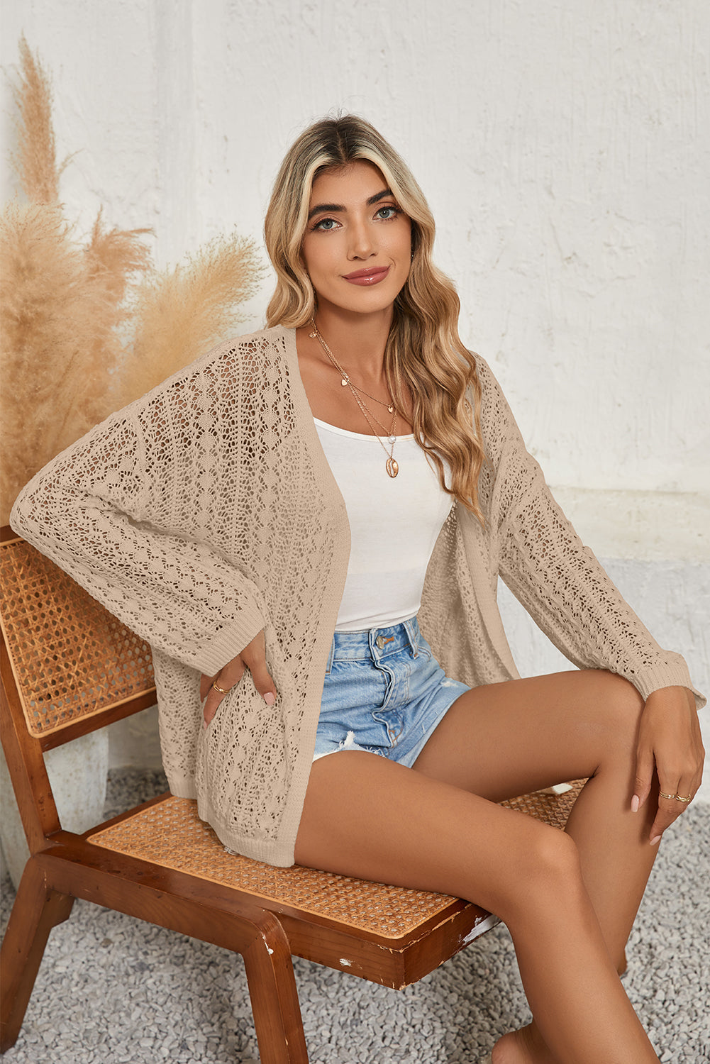 Crochet Knit Open Front Cardigan