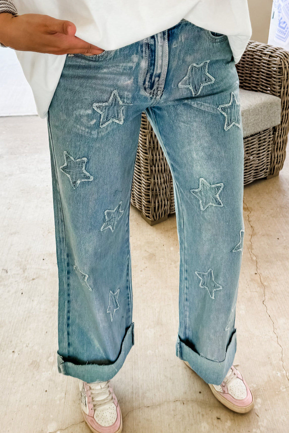 Star Patched Straight Leg Loose Jeans