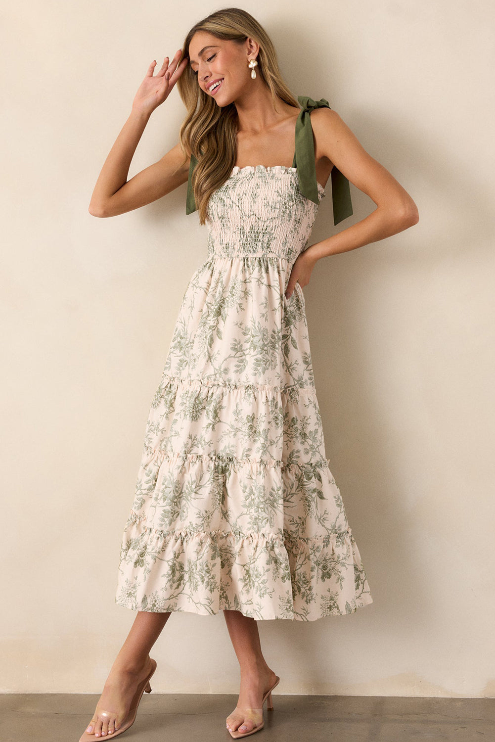 Floral Smocked High Waist Tiered Midi Dress