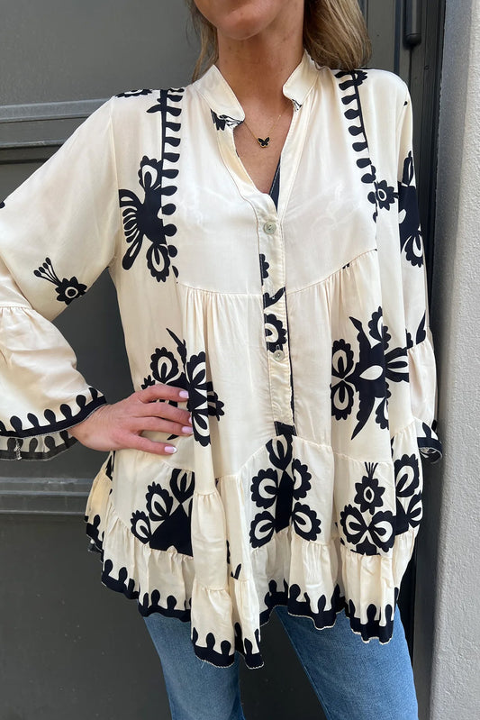 White Boho Print Bell Sleeve Ruffle Hem Blouse