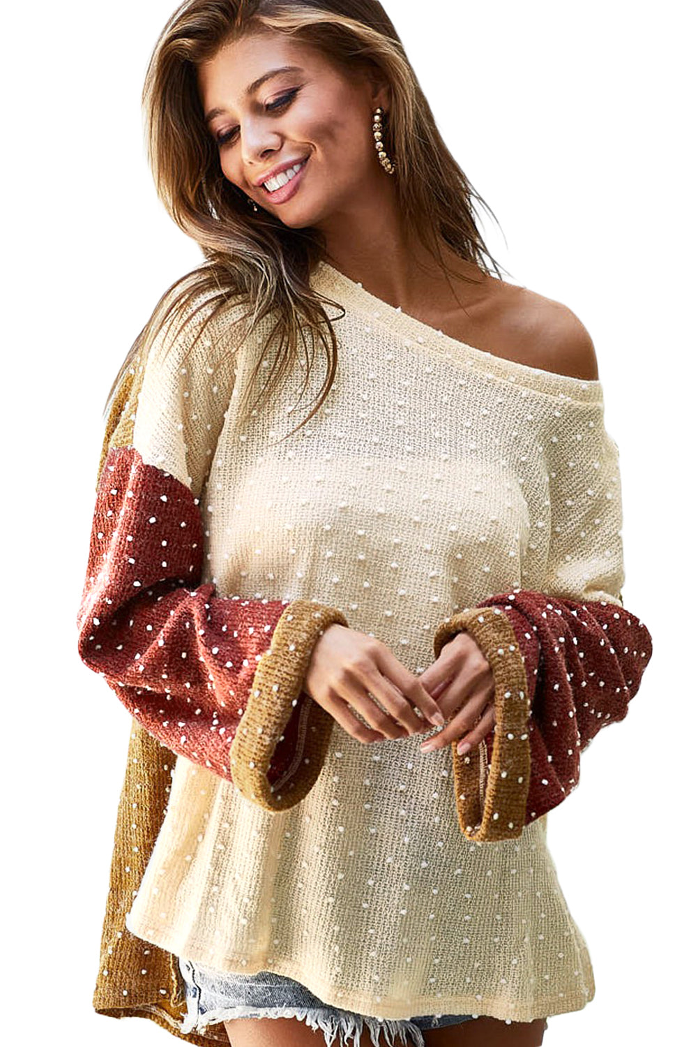 Beige Swiss Dot Drop Shoulder Knit Top