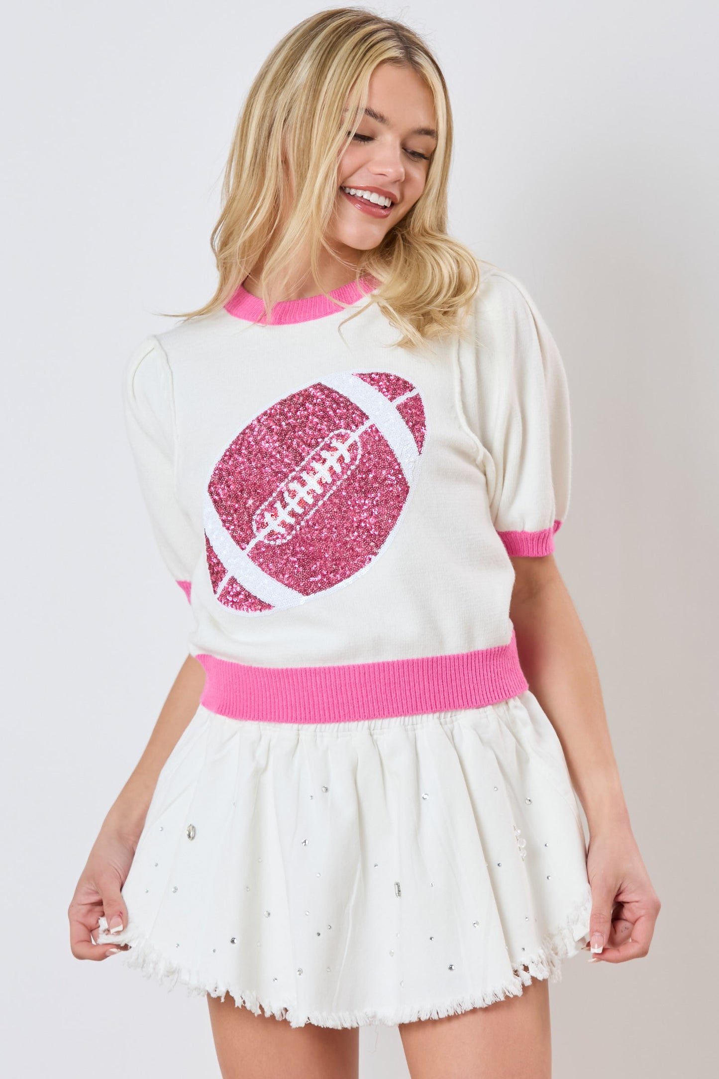 Sequin Football Puff Sleeve Knit Top