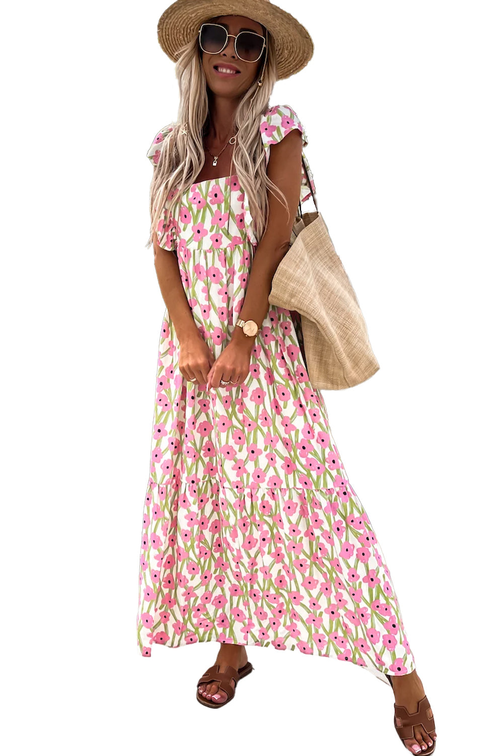 Pink Floral Square Neck Maxi Dress