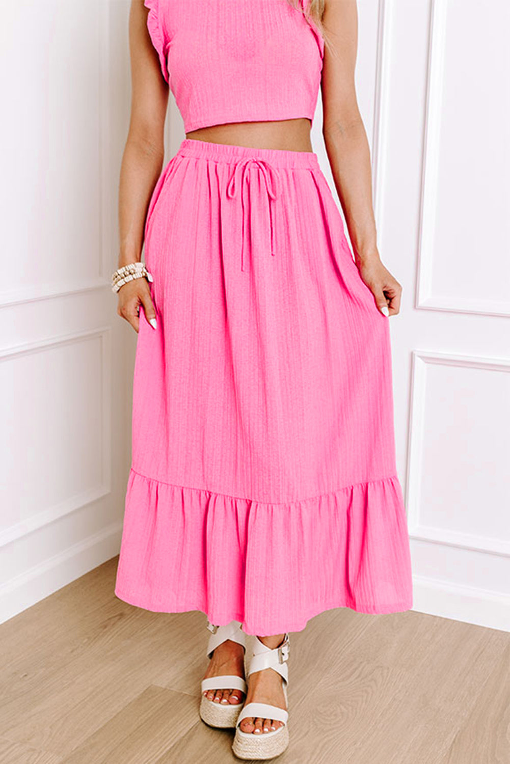 PInk Textured Ruffle Trim Crop Top and Skirt Set