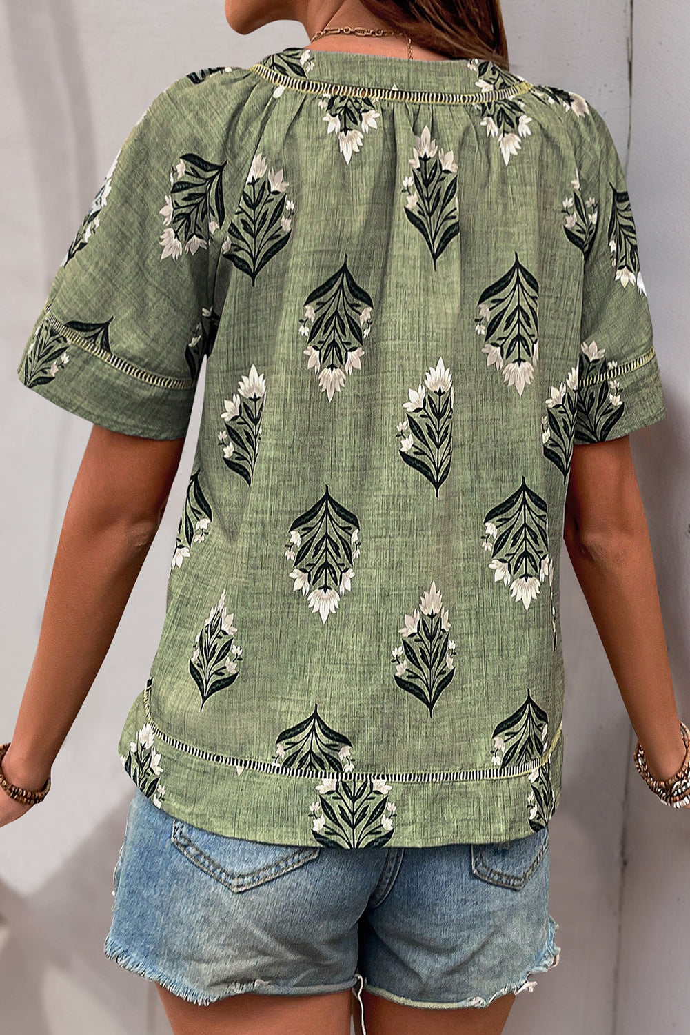 Green Floral Print Short Sleeve V-Neck Blouse