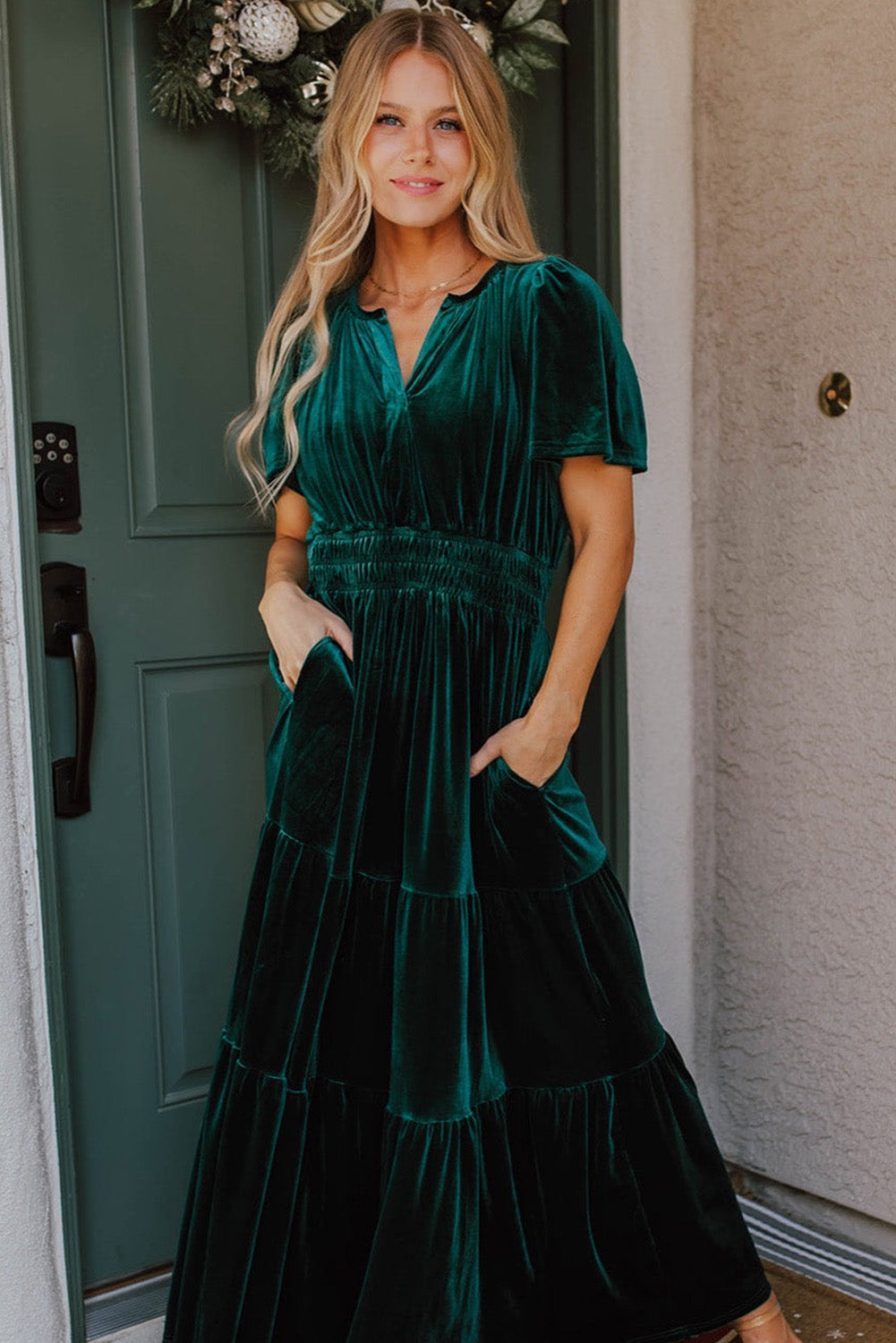 Velvet Smocked Waist Tiered Maxi Dress