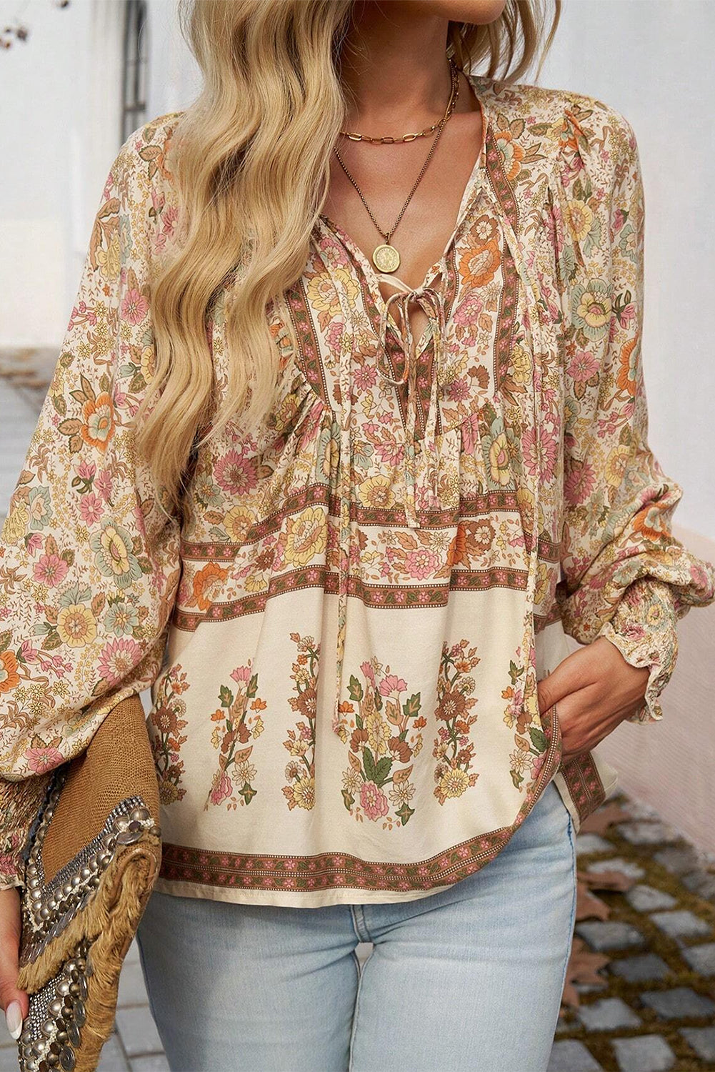 Floral Print Tie Neck Lantern Sleeve Blouse