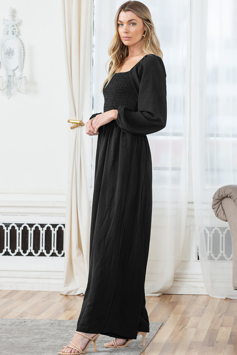 Black Smocked Wide Leg Jumpsuit