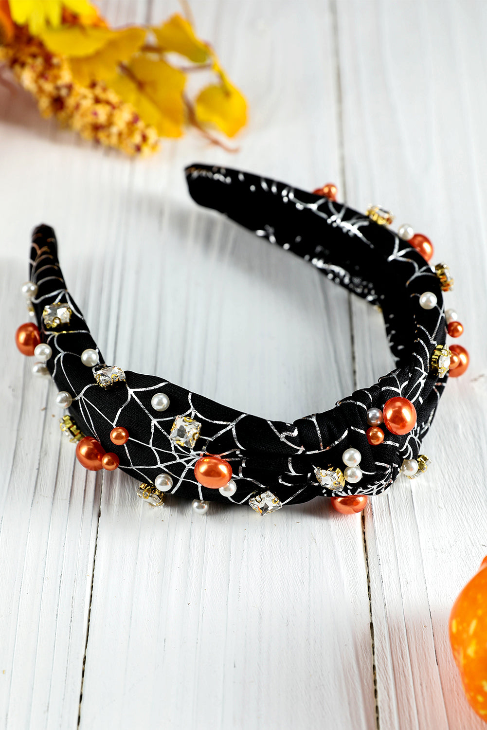 Black Pearled Rhinestone Spiderweb Halloween Headband