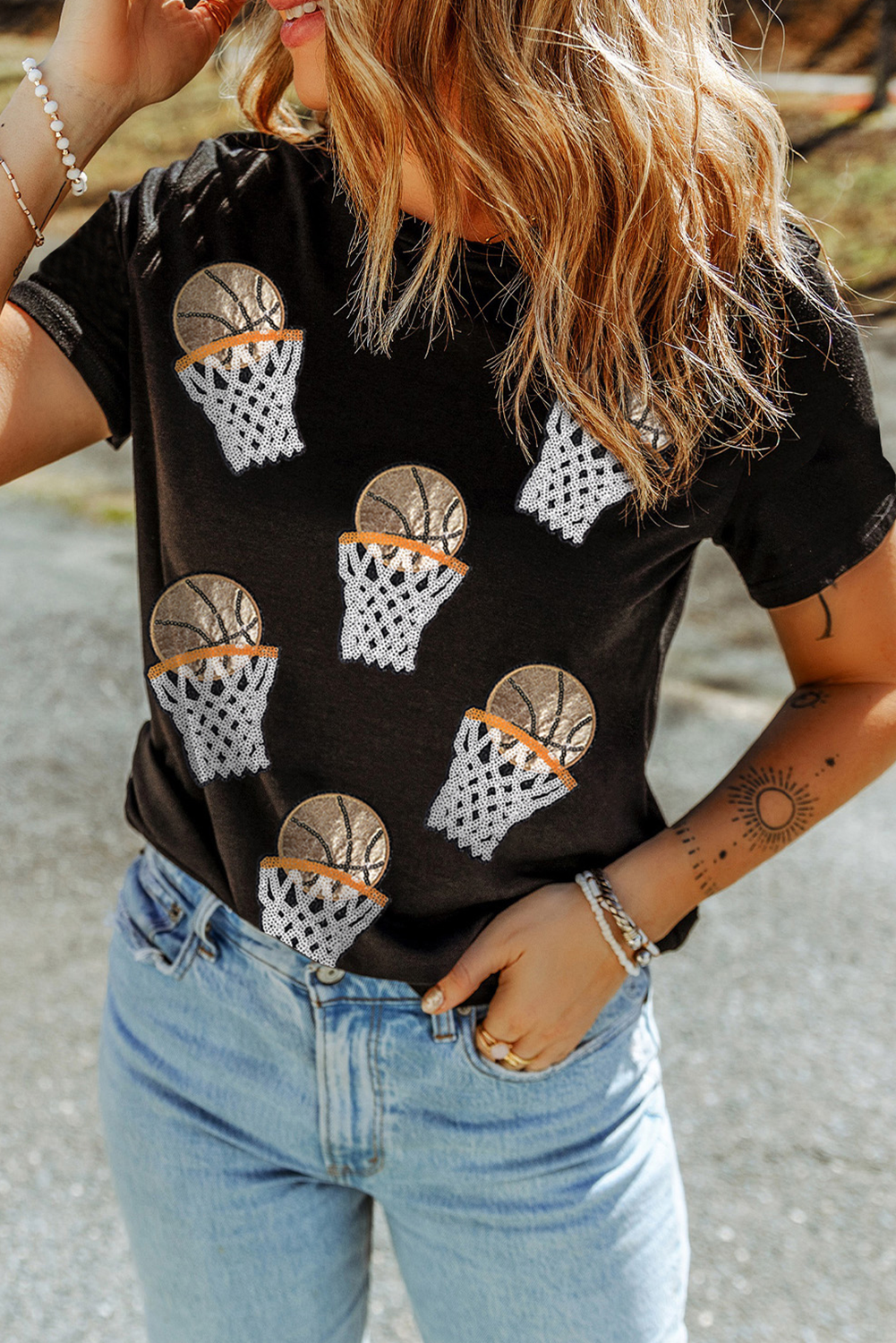 Black Sequin Basketball Game Day T Shirt