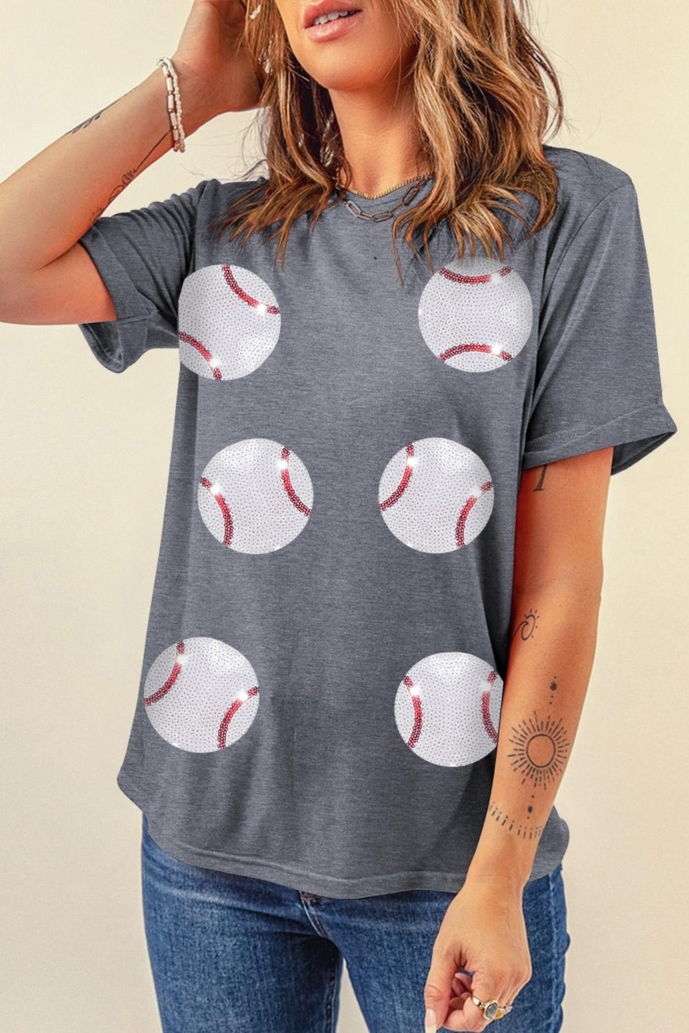 Sequined Baseball Graphic T Shirt