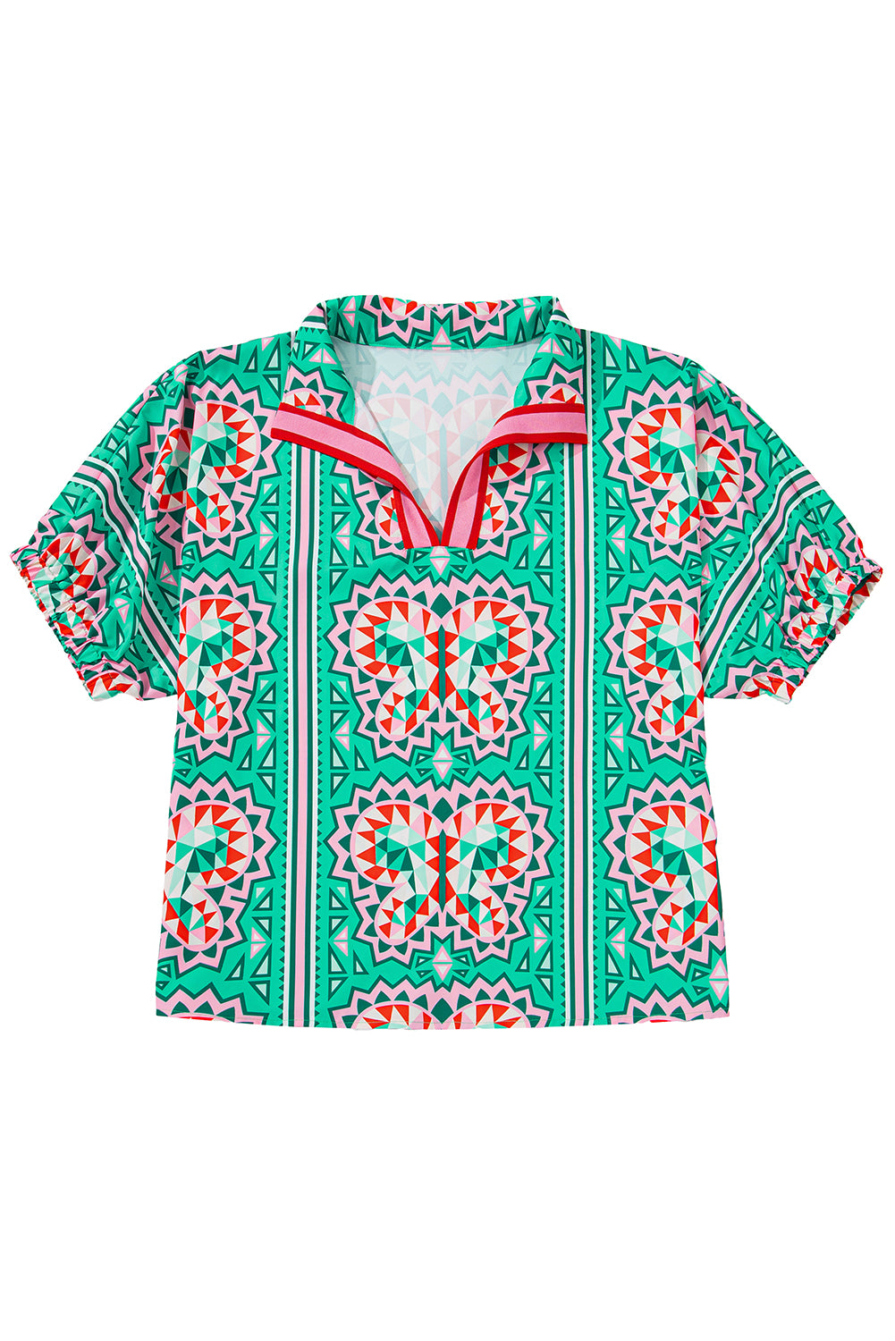 Sea Green Geometric Print Split Neck Blouse