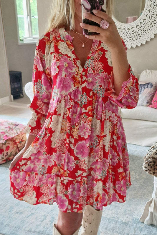 Red Floral Print V Neck Dress