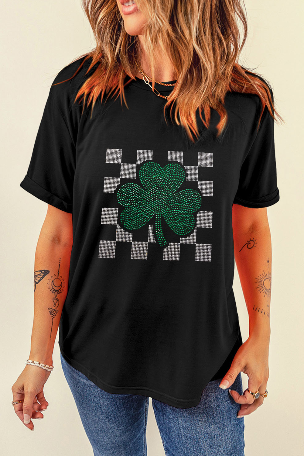 Black Rhinestone Shamrock Checkered T Shirt