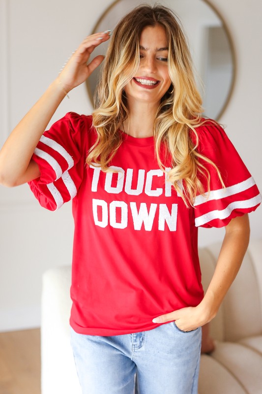 Stand Out Red "TOUCHDOWN" Sequin Bubble Sleeve Game Day Top