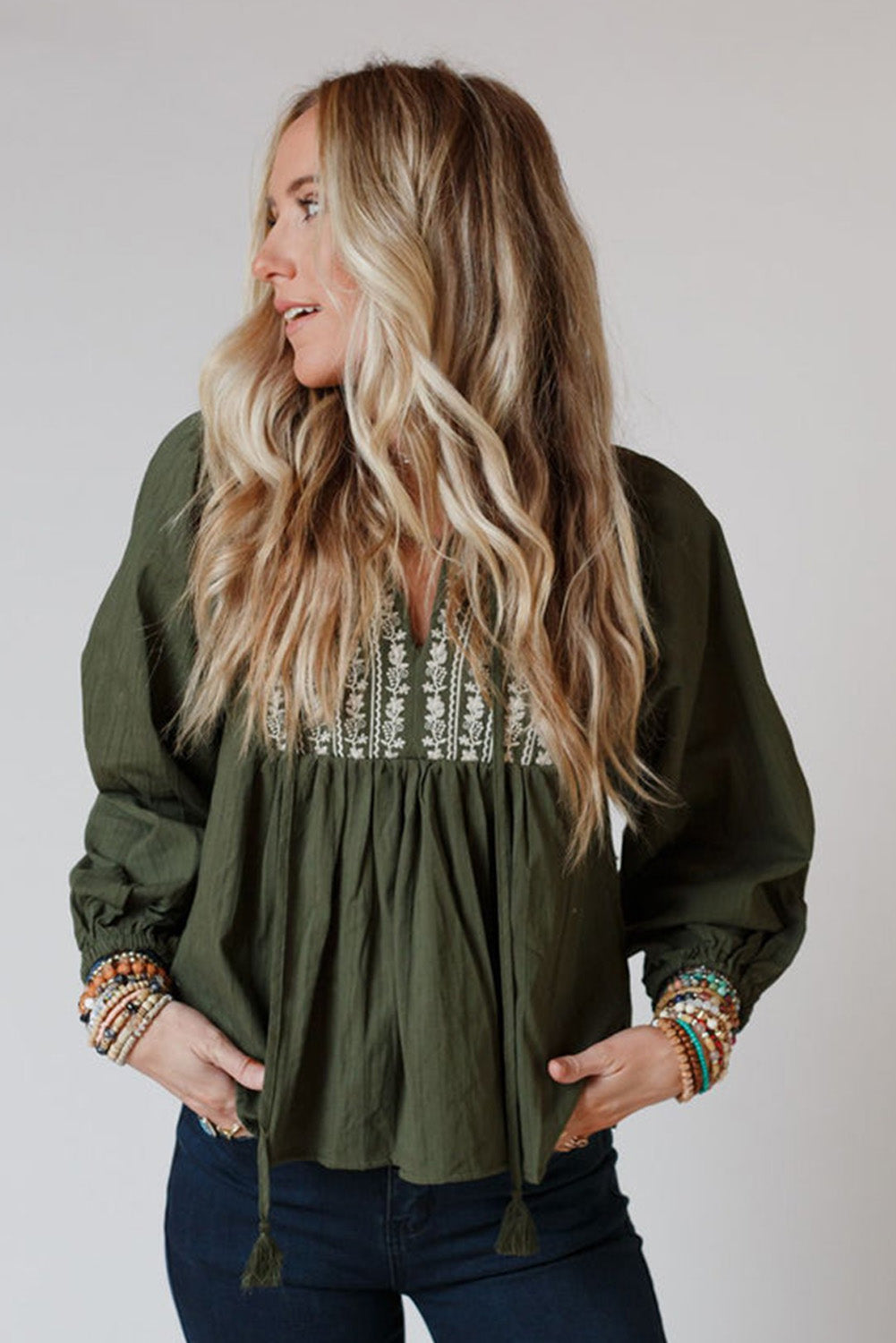 Embroidered Pleated Boho Blouse