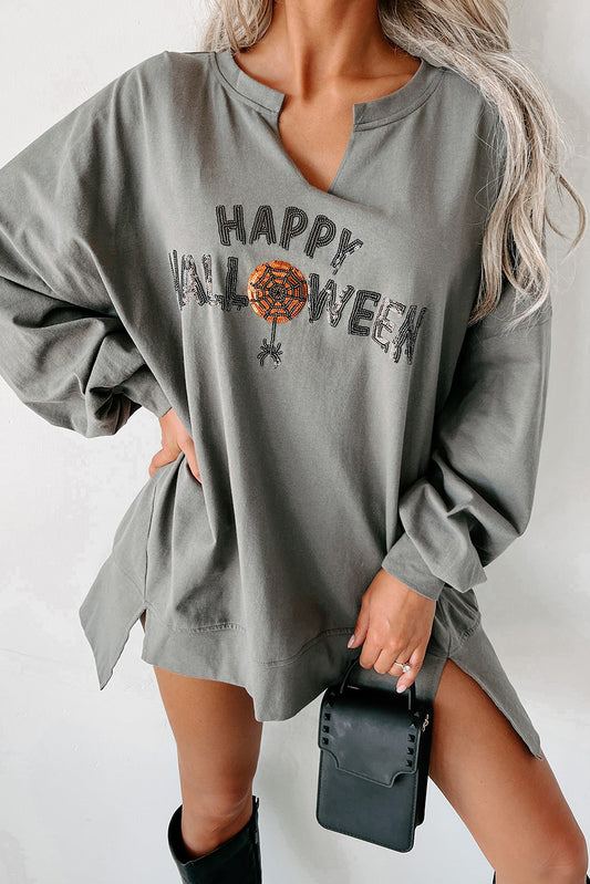 Grey Sequin Happy Halloween Loose Top