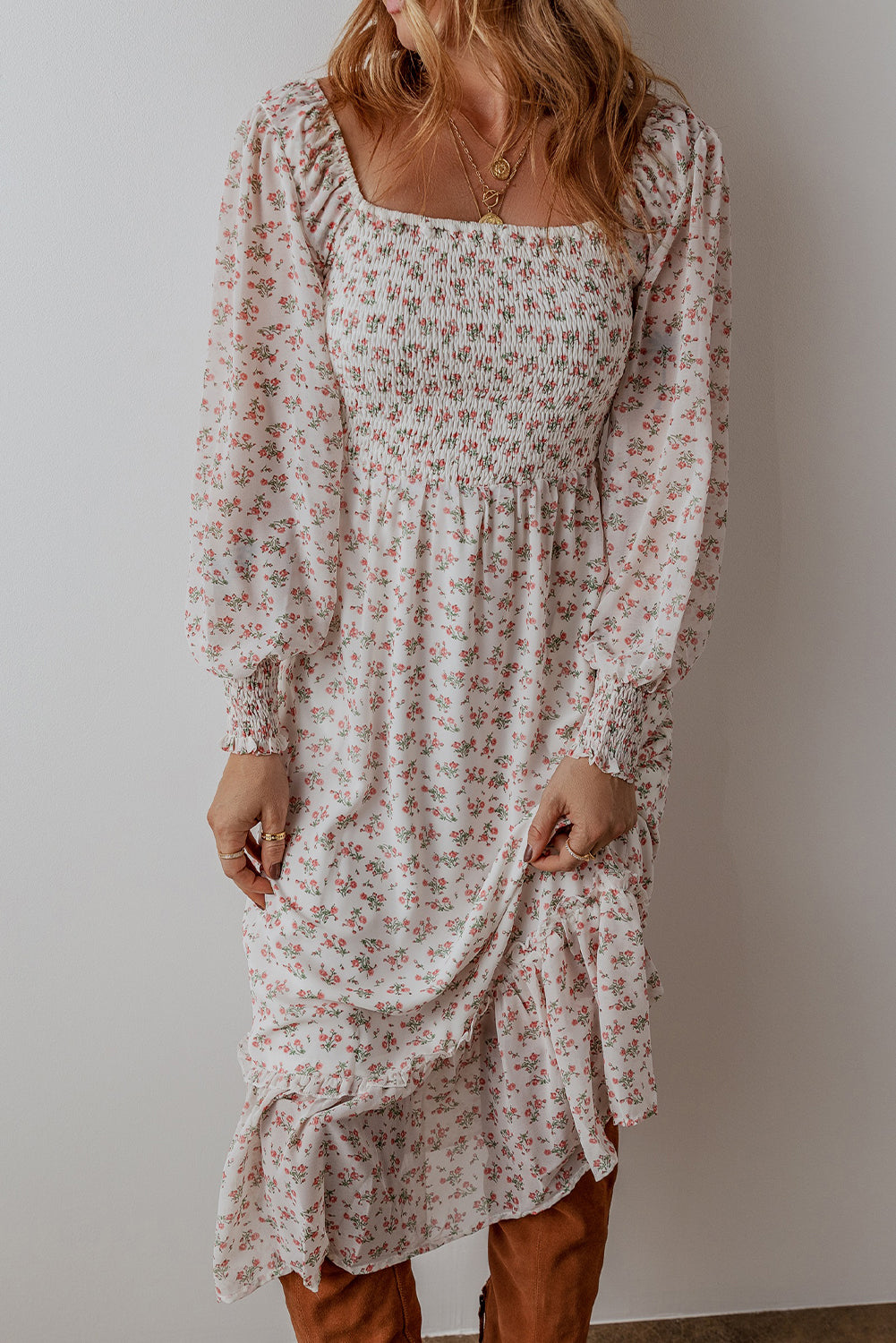 Floral Shirred Ruffled Hem Midi Dress