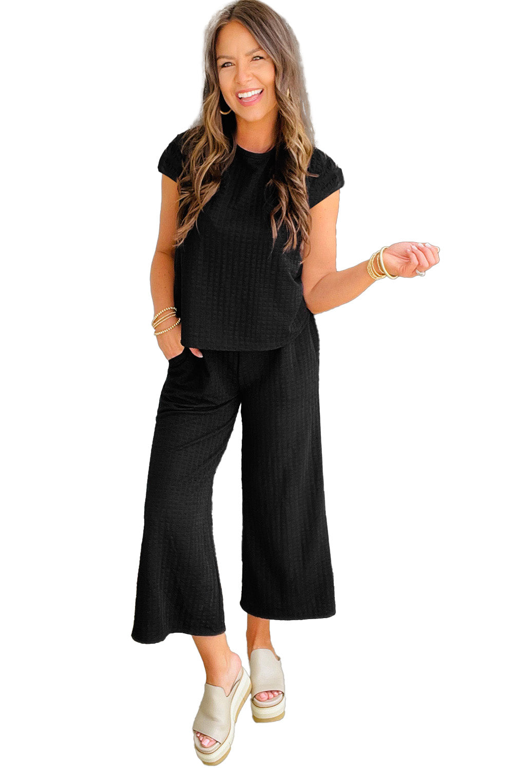 Cap Sleeve Top and Wide Leg Pants Set