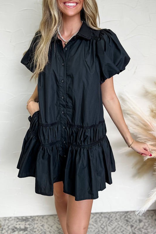 Black Button Down Puff Sleeve Ruched Dress