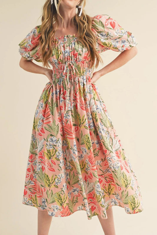 Floral Knot Front Smocked Dress