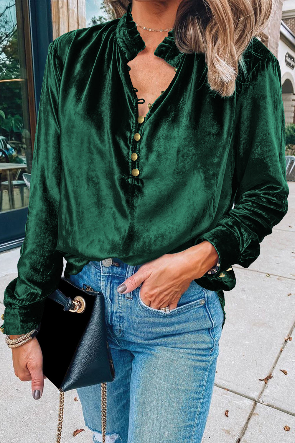 V Neck Buttoned Velvet Blouse