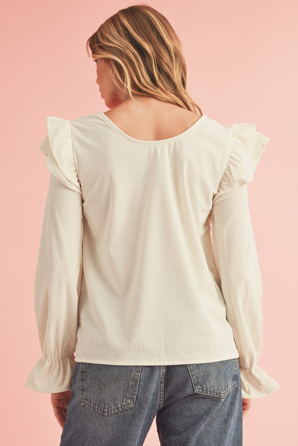 Beige Corduroy Ruffled Sleeve Blouse