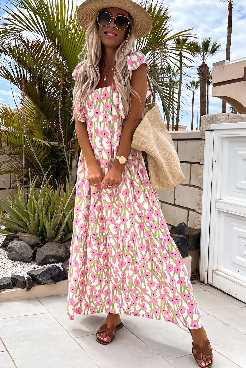 Pink Floral Square Neck Maxi Dress