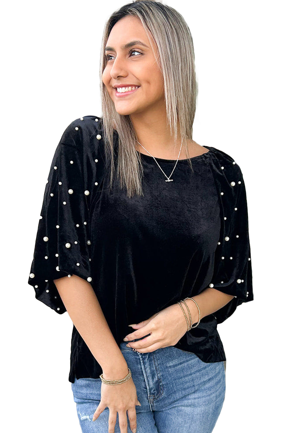 Black Pearl Beaded Velvet Top