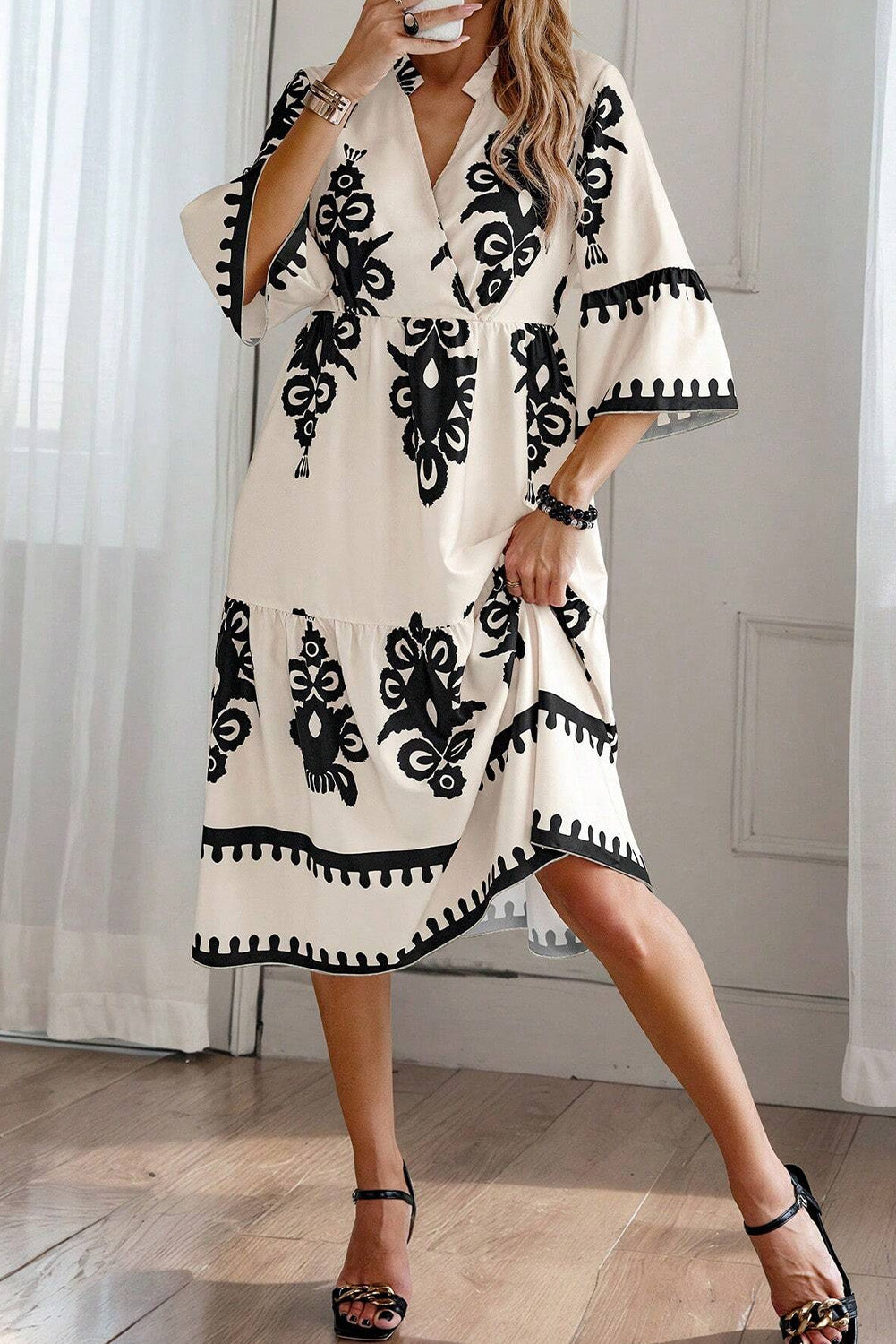 Black Print 3/4 Sleeve Loose Midi Dress