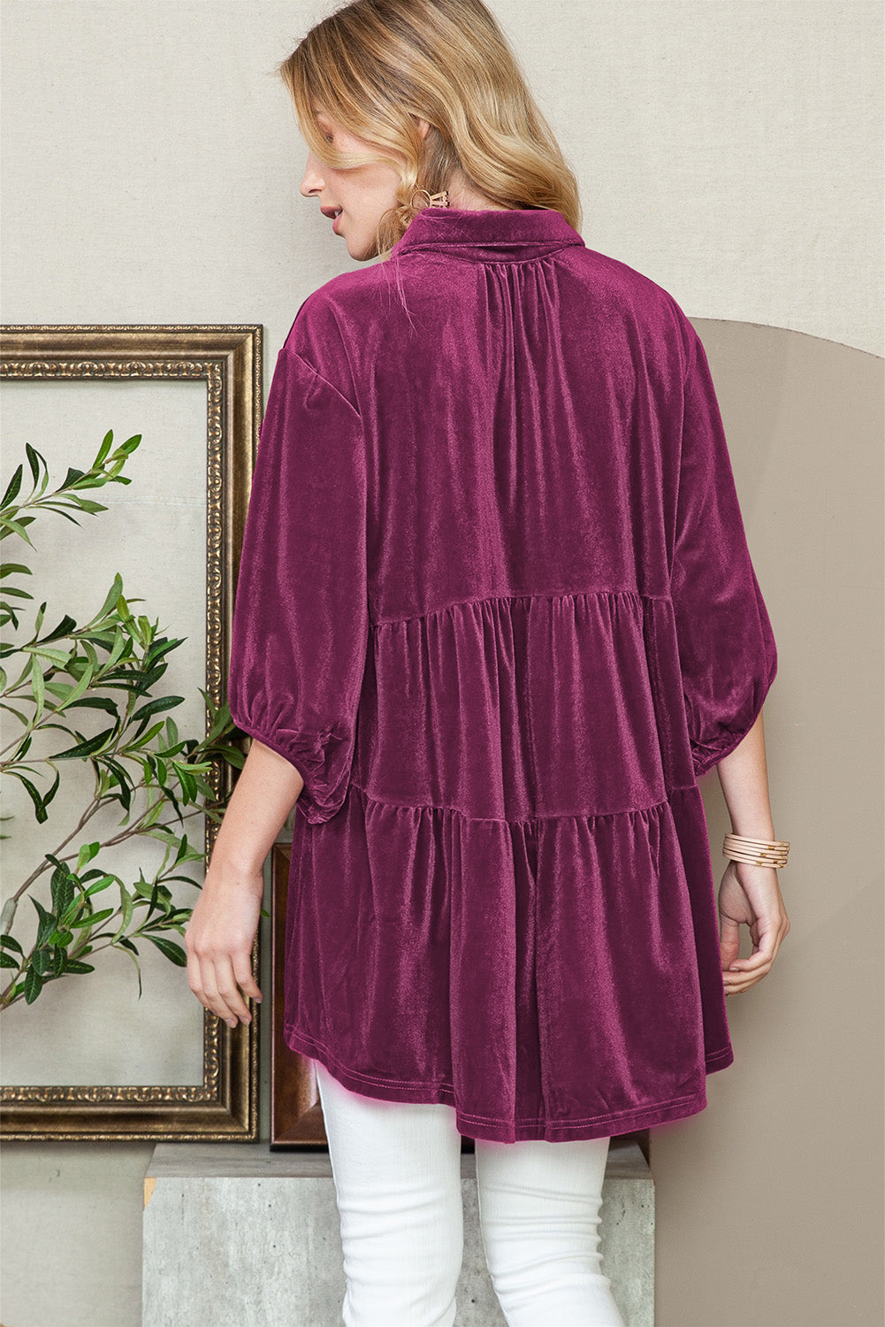 Lantern Sleeve Tunic Babydoll Velvet Shirt