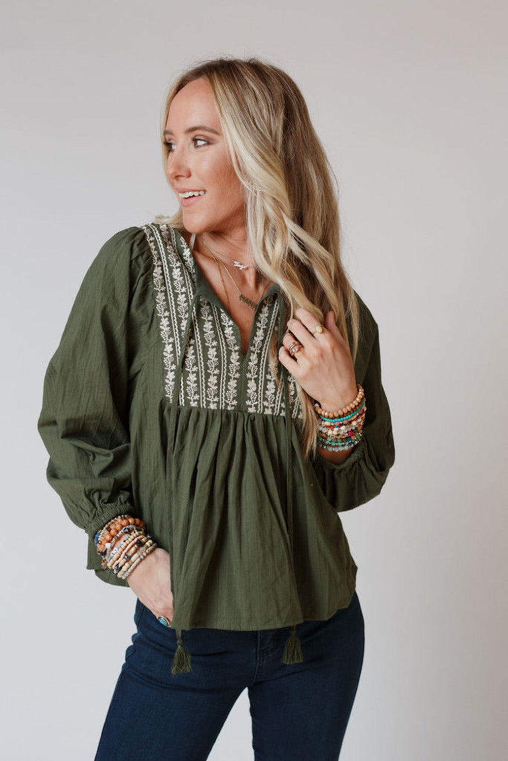 Embroidered Pleated Boho Blouse