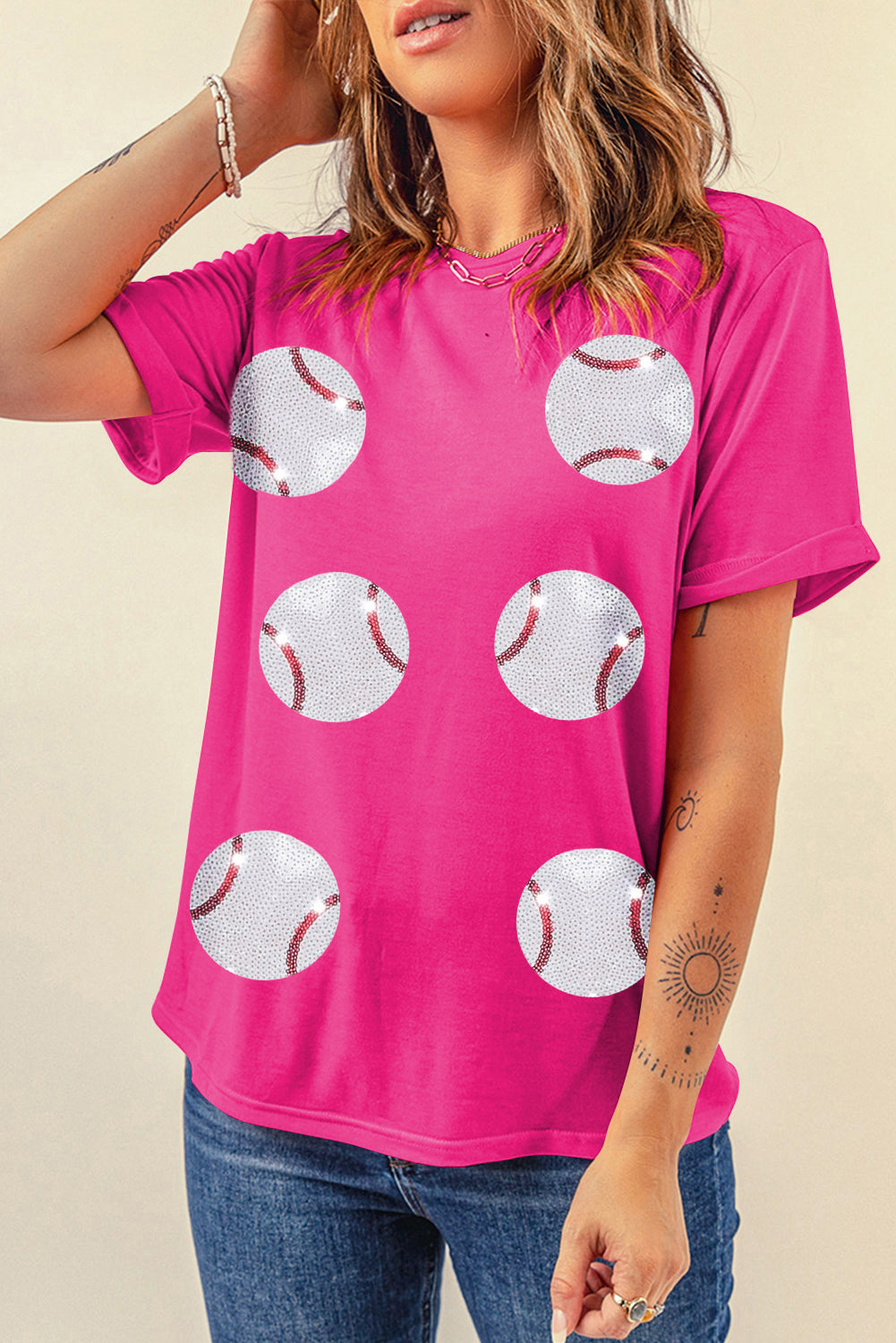 Sequined Baseball Graphic T Shirt