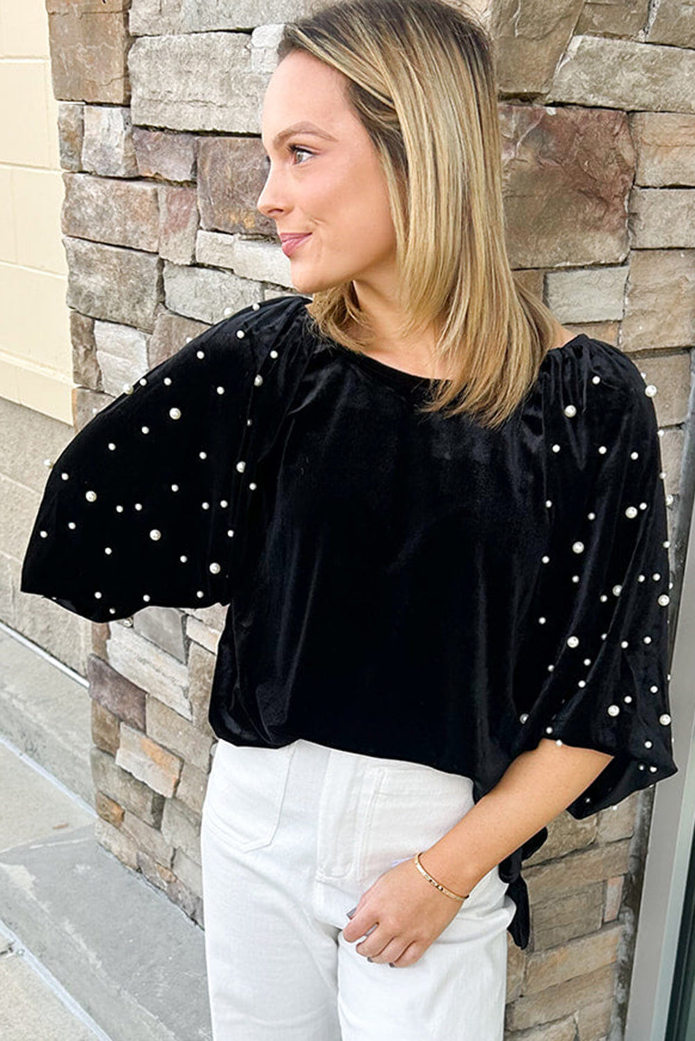 Black Pearl Beaded Velvet Top