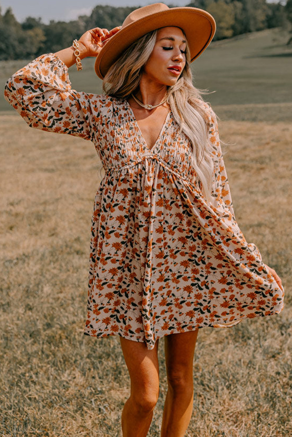 Beige Floral Smocked Babydoll Dress