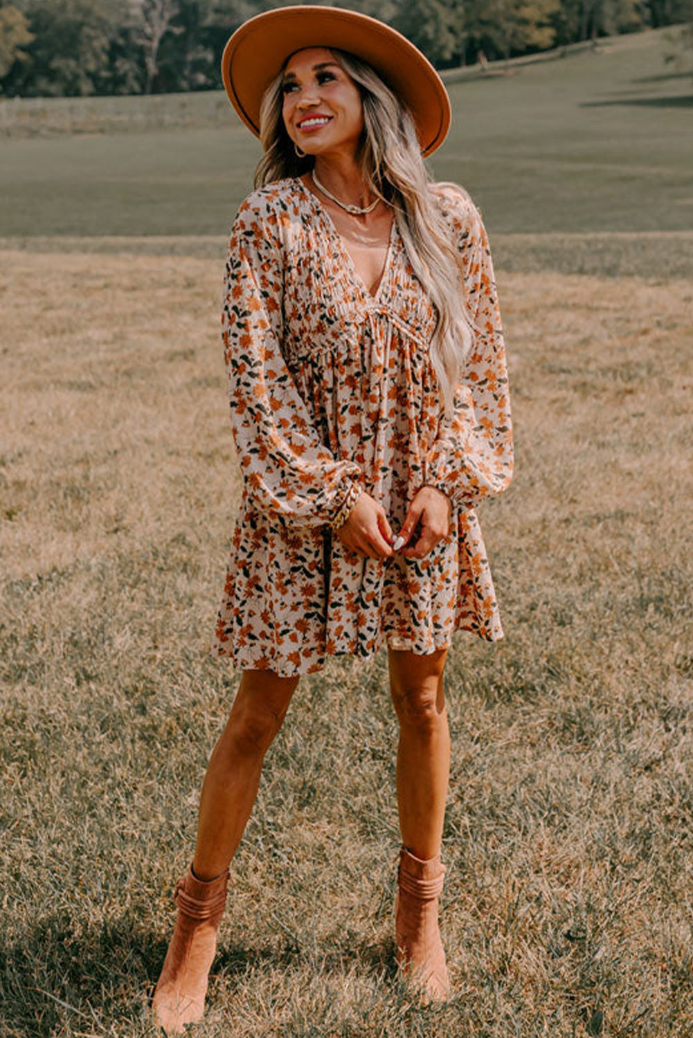 Beige Floral Smocked Babydoll Dress