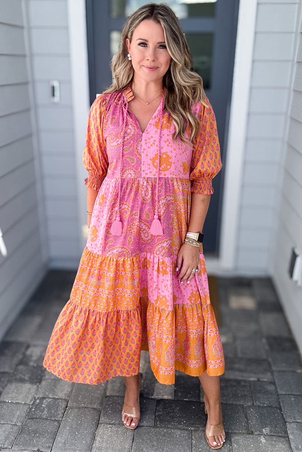 Pink Boho Paisley Floral Midi Dress - Plus