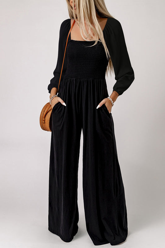 Black Smocked Wide Leg Jumpsuit