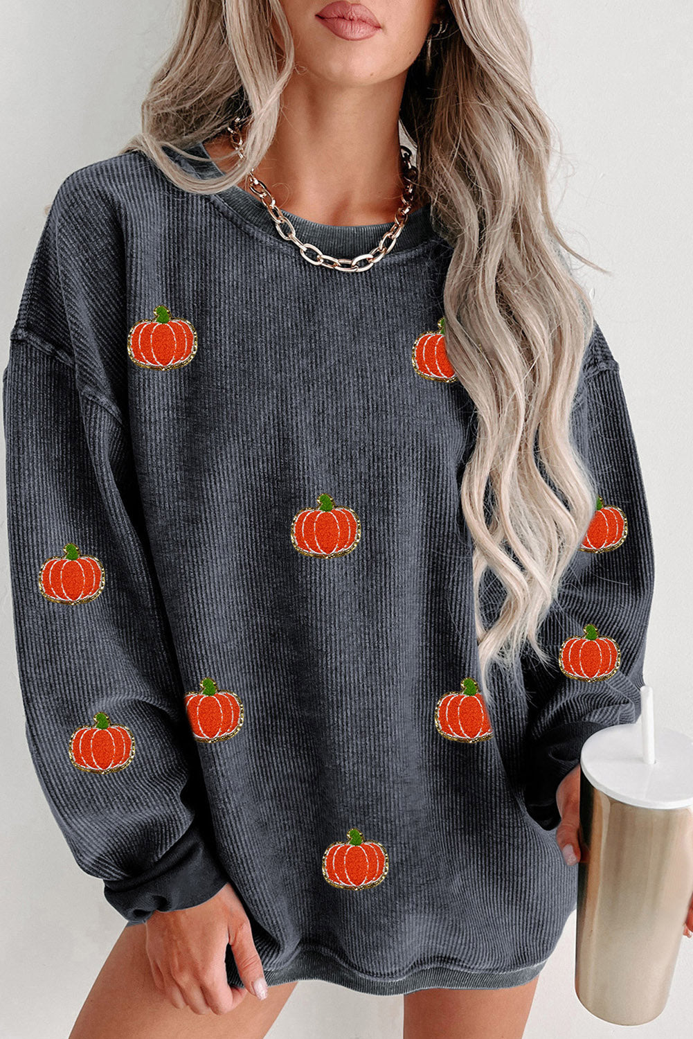 Ribbed Halloween Pumpkin Graphic Sweatshirt