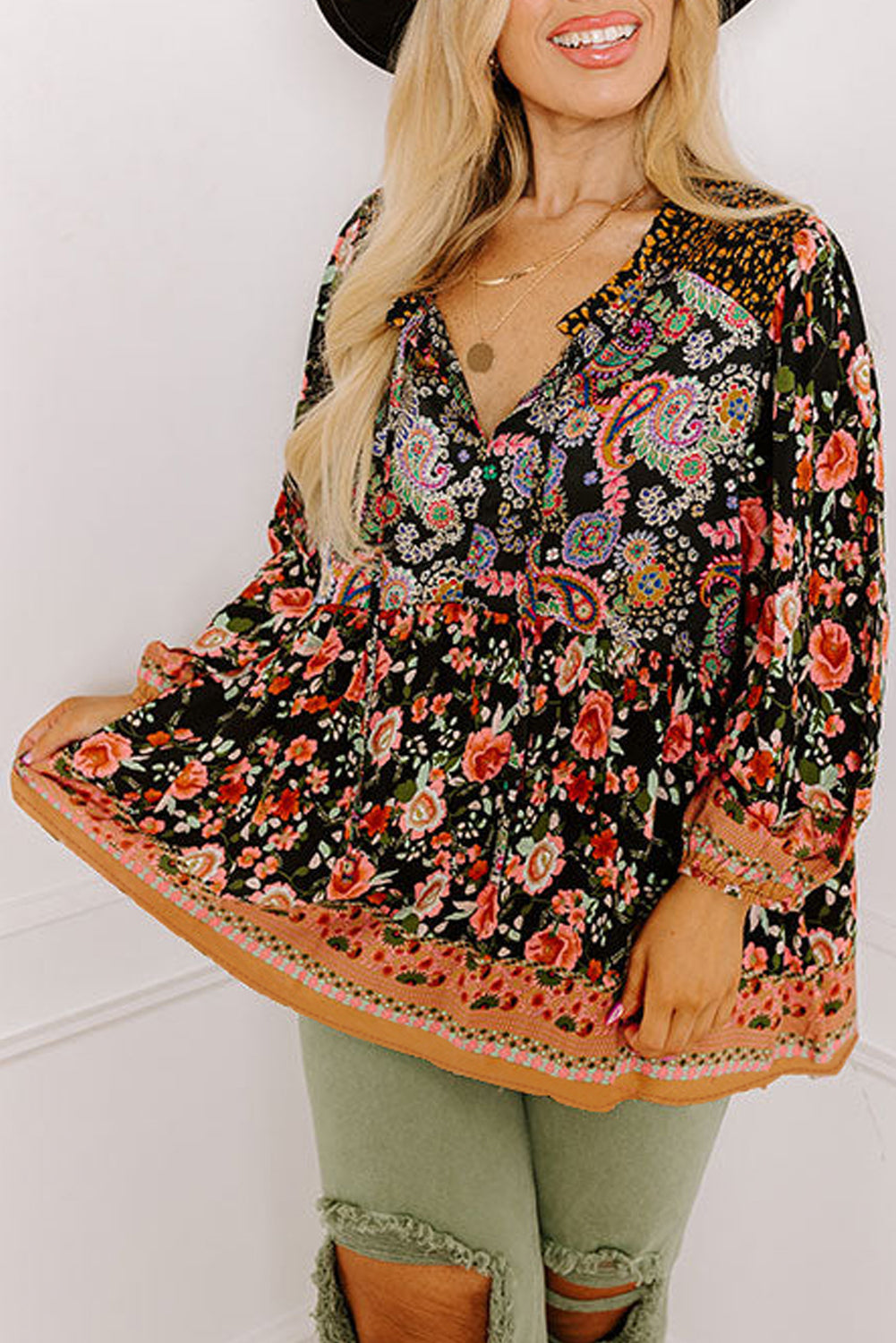 Paisley Print V Neck Bubble Sleeve Blouse - Plus