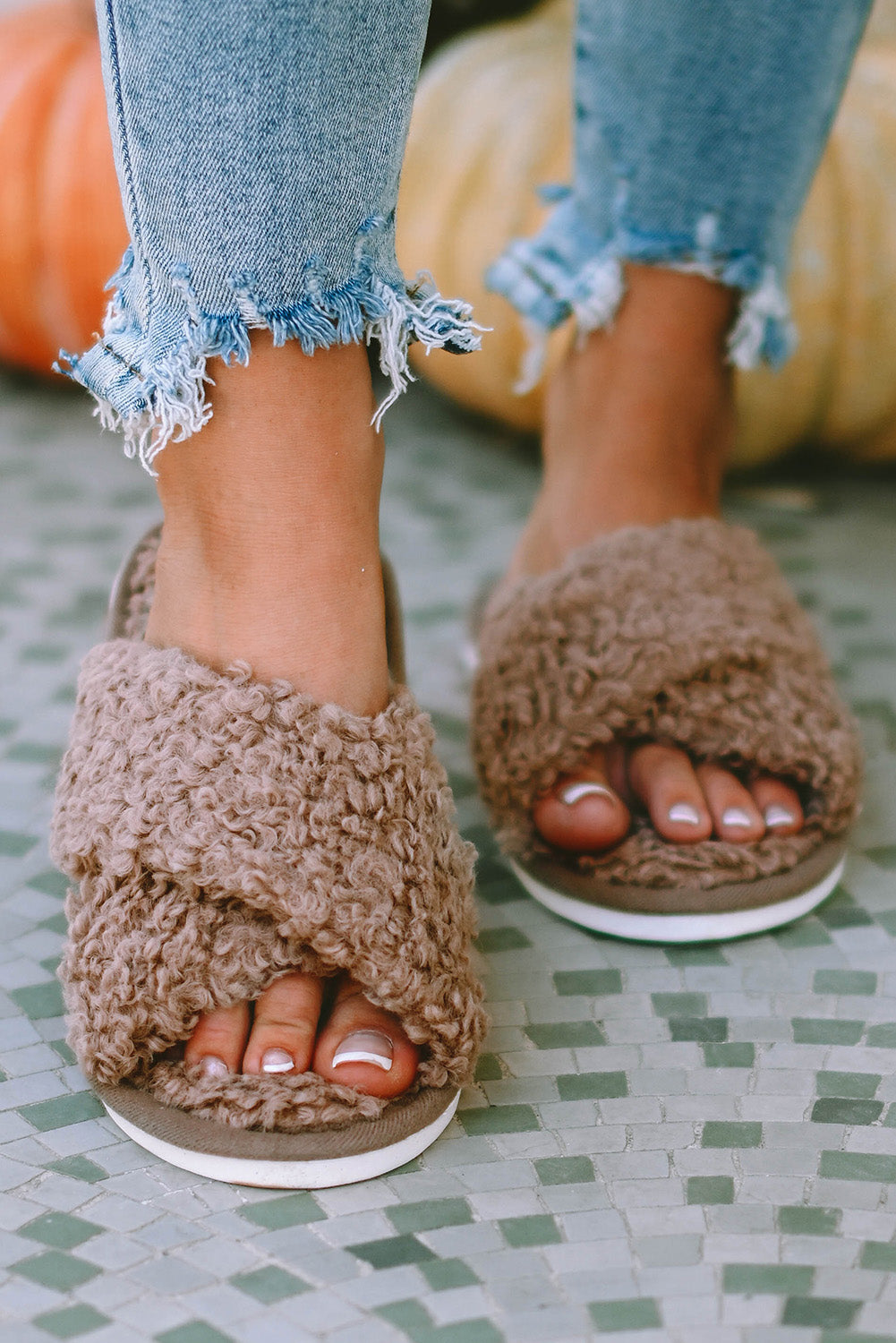 Brown Fuzzy Slipper Slides