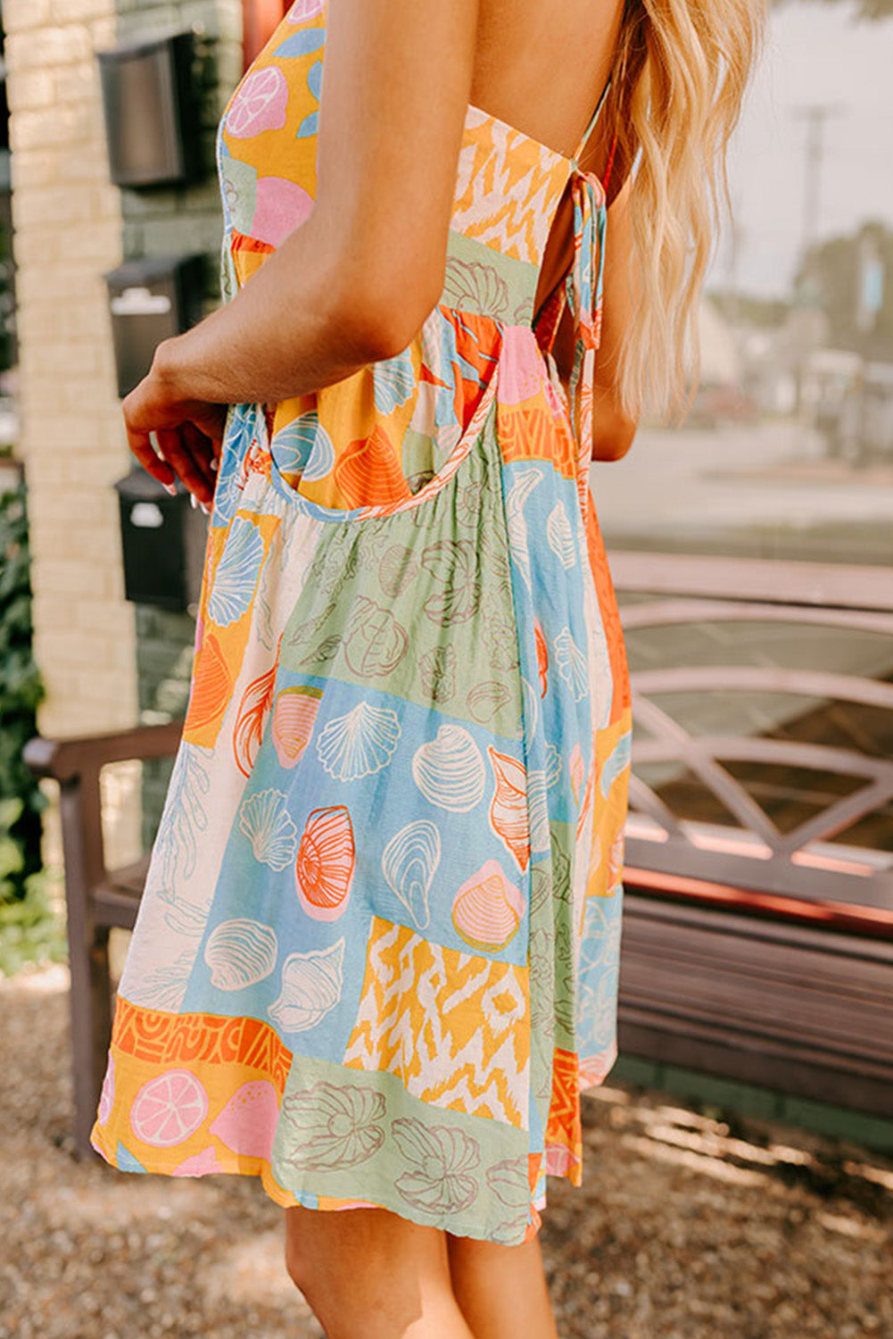 Sea Shell Print Patchwork Backless Dress