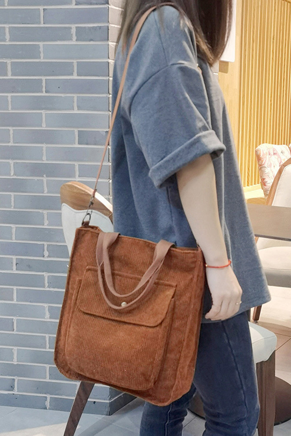 Corduroy Tote Bag with Detachable Strap