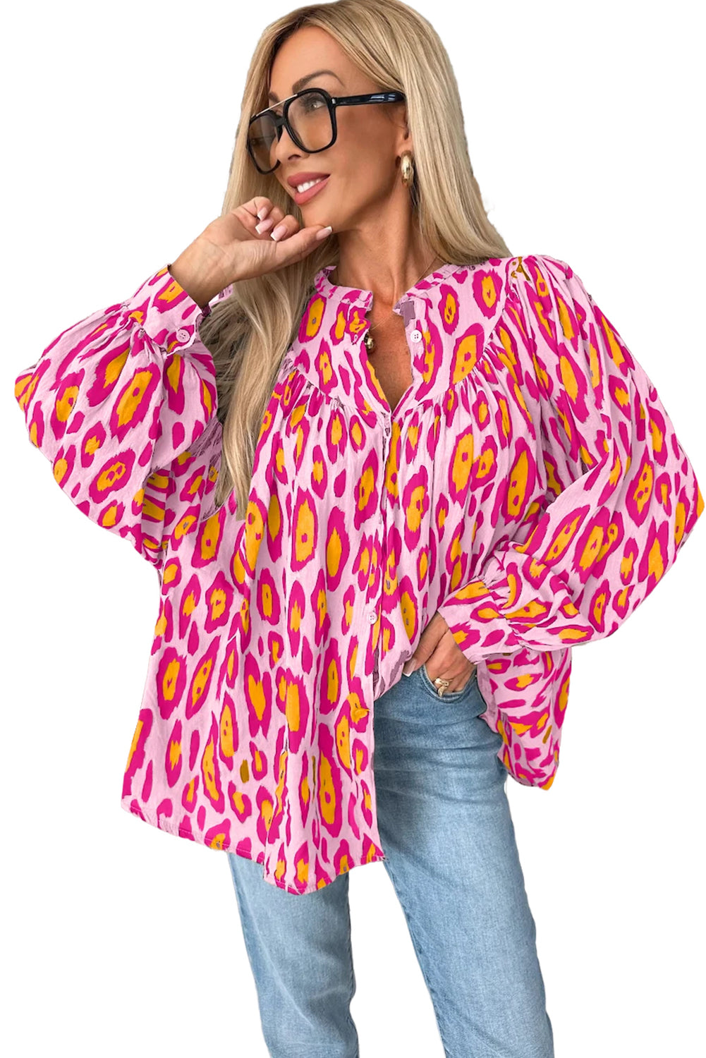 Leopard Print Balloon Sleeve Loose Blouse