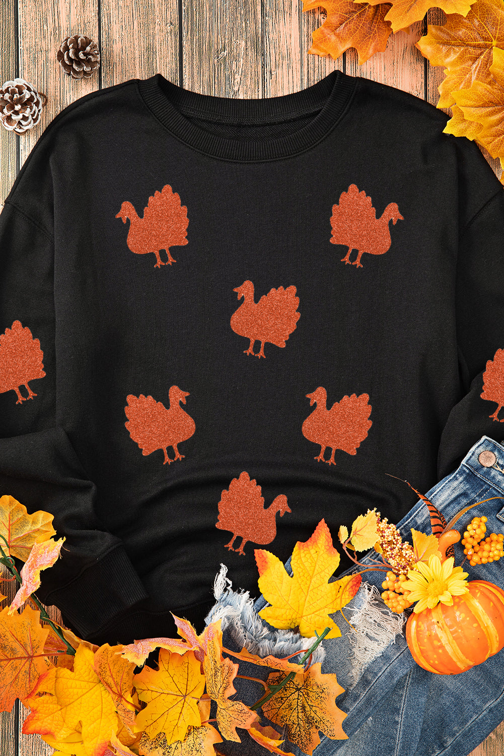 Black Glittering Turkey Thanksgiving Sweatshirt