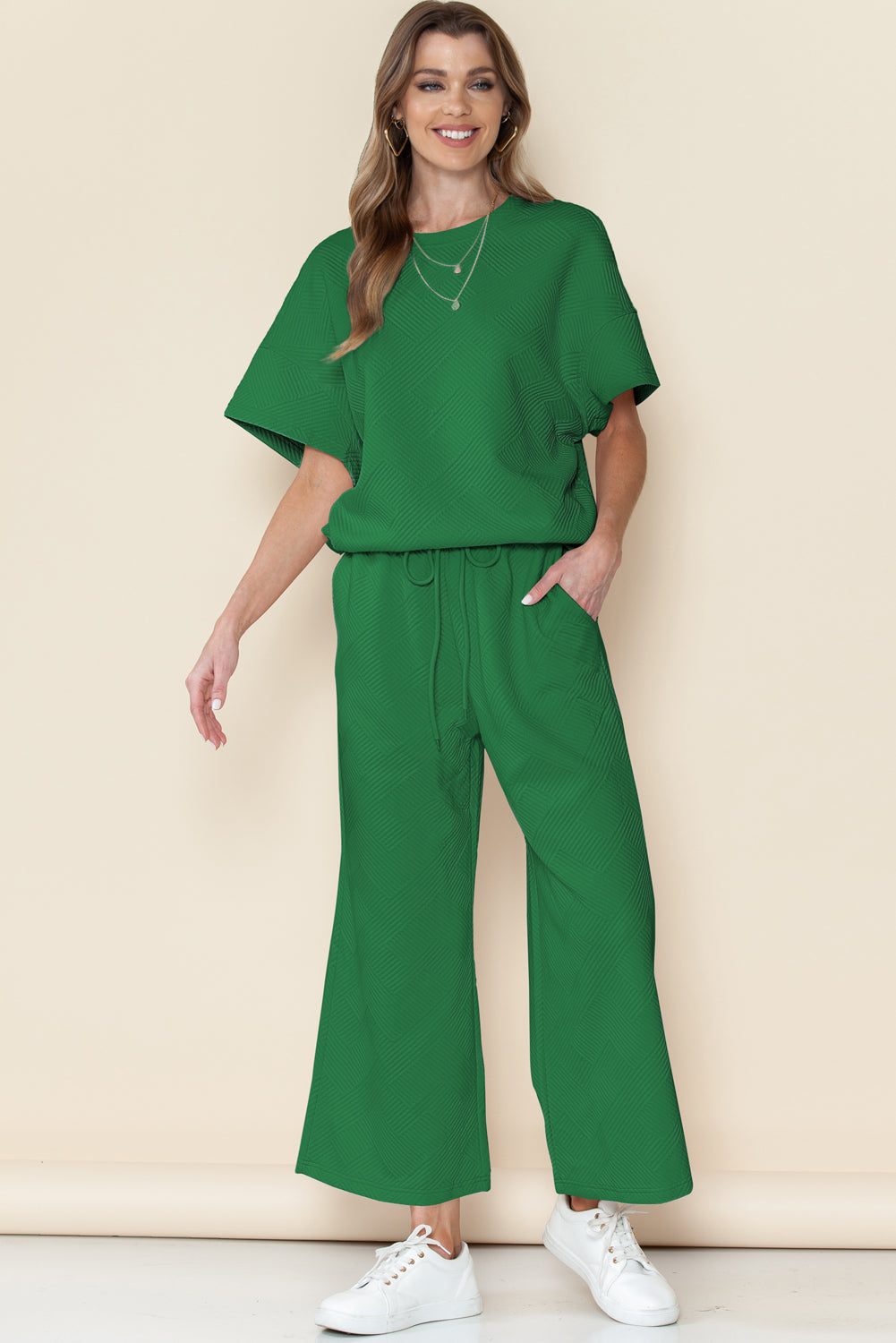 Textured Loose Fit T Shirt and Drawstring Pants Set