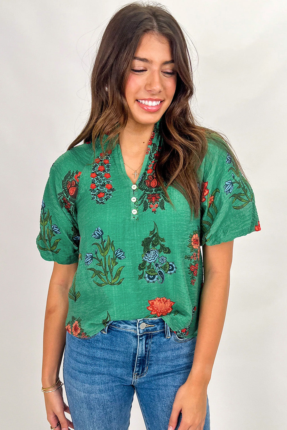 Green Floral Button V-Neck Blouse