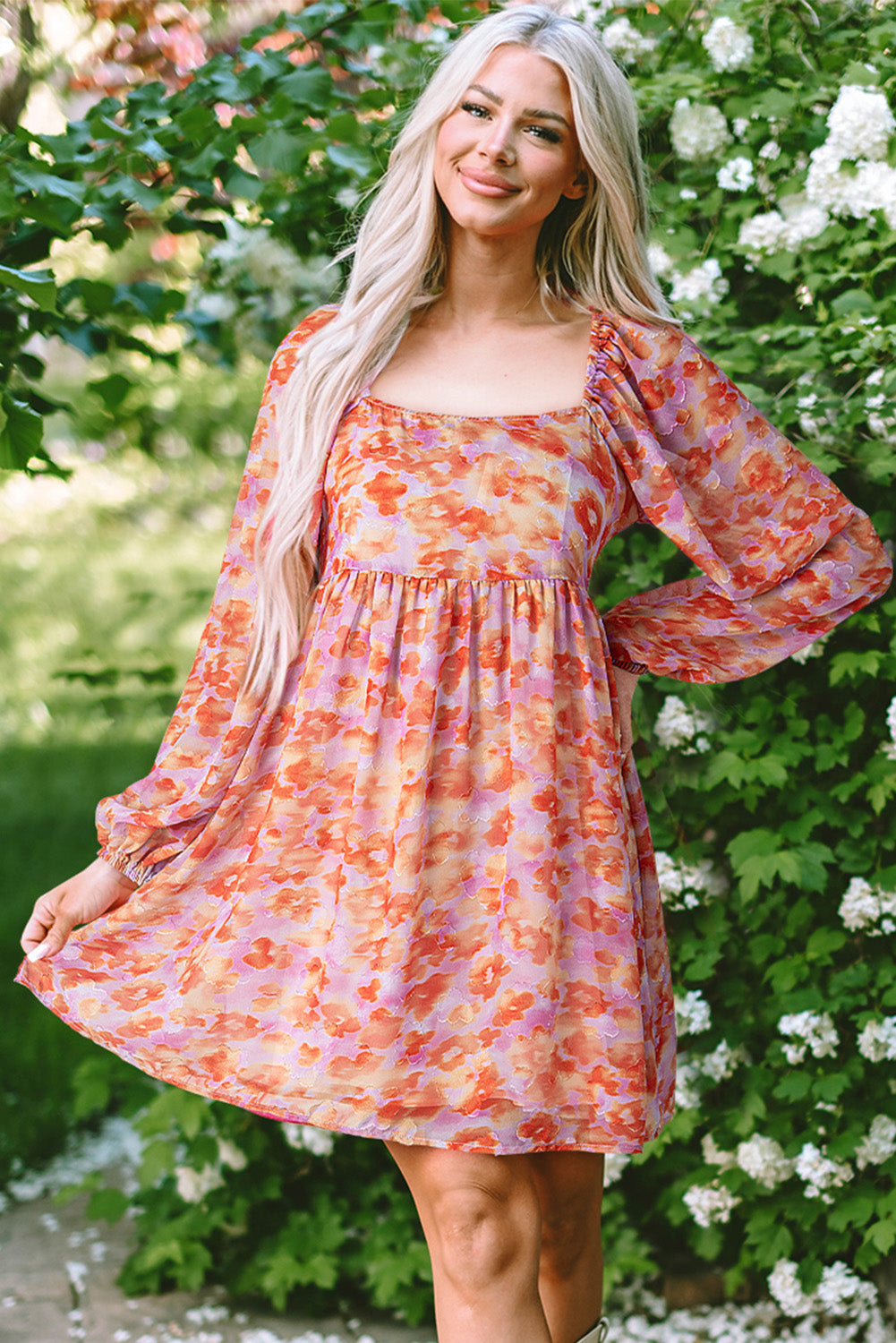 Rose Floral Print Square Neck Dress