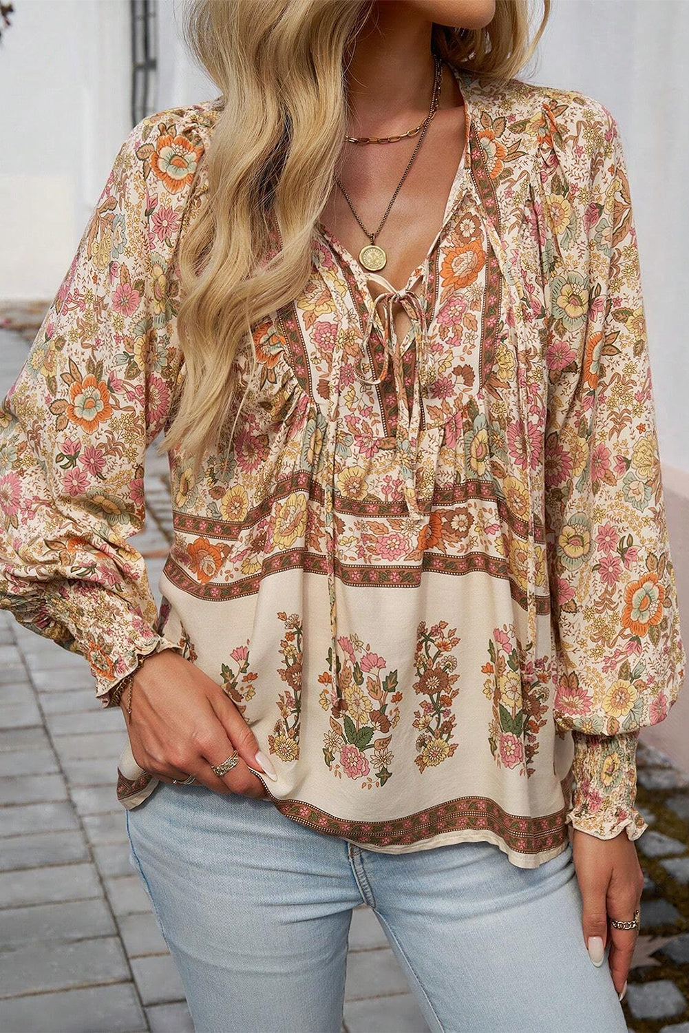 Floral Print Tie Neck Lantern Sleeve Blouse