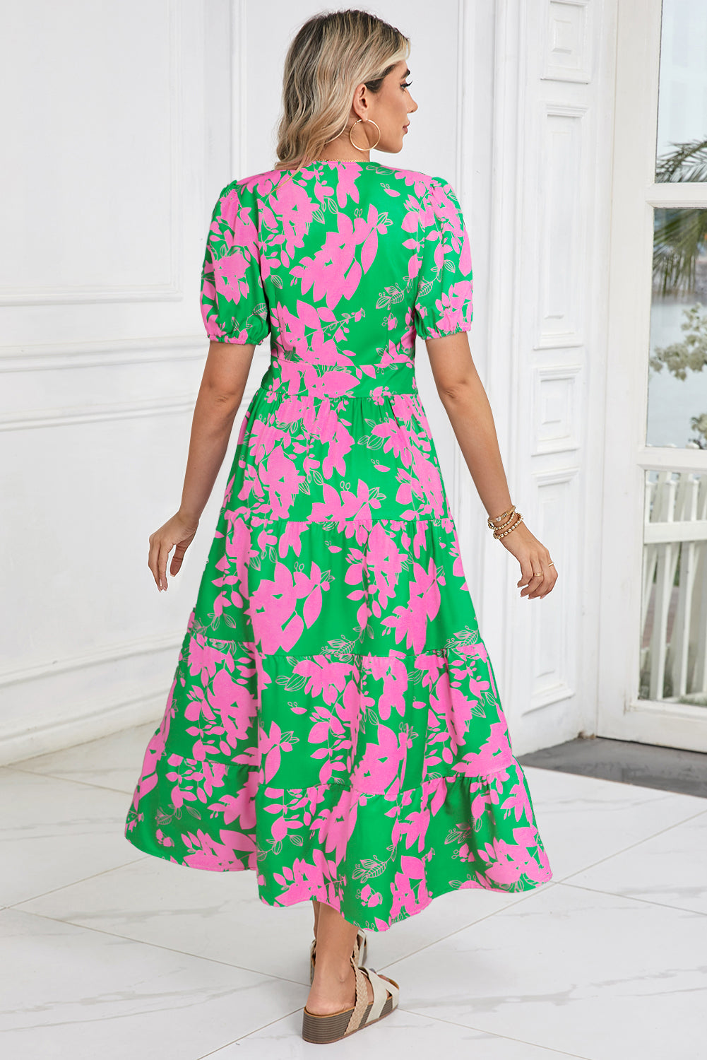 Green Floral High Waist V Neck Maxi Dress